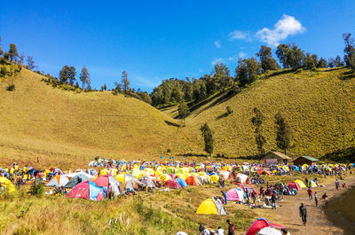 Group of people on field by trees against sky