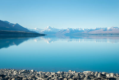 Scenic view of lake by snowcapped mountains against sky