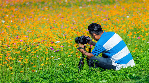 Rear view of man photographing on flowers on field