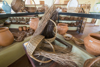 High angle view of various objects displayed for sale in market