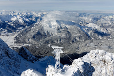 Aerial view of snowcapped mountains against sky