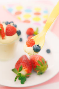 Close-up of dessert in spoon over bowl