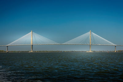 Suspension bridge over sea against clear blue sky