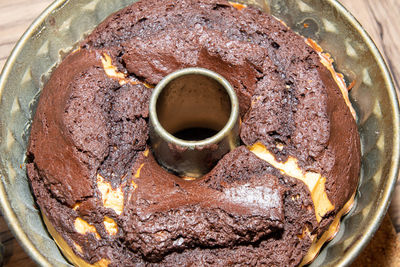 High angle view of chocolate cake in plate