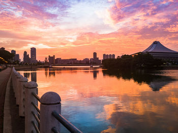 City at waterfront during sunset