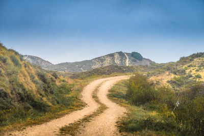 Dirt road amidst landscape against sky