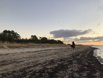 People riding horse on land against sky