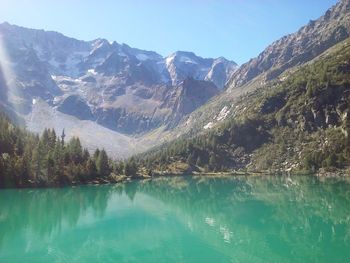 Scenic view of lake and mountains against sky