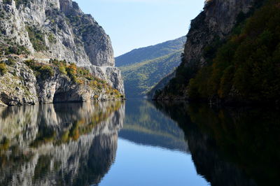 Scenic view of lake and mountains against clear sky