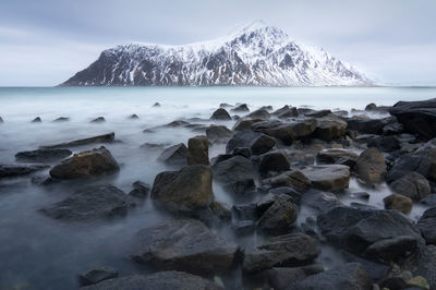 Scenic view of sea and rocks against sky norway