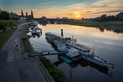 High angle view of harbor at sunset