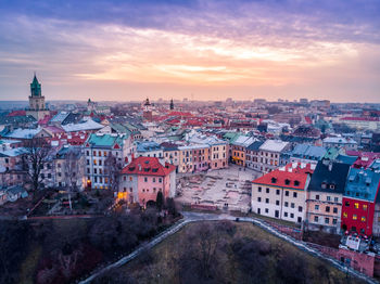 High angle view of cityscape against sky