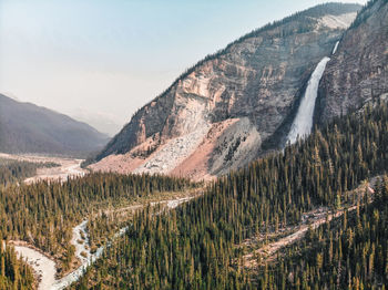 Scenic view of landscape and waterfall against sky