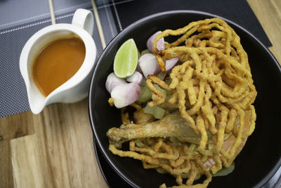 High angle view of meal served on table