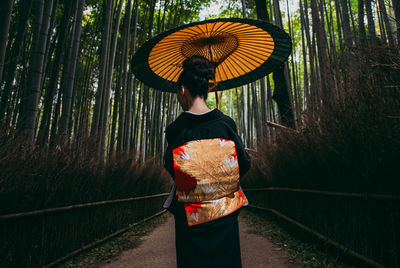 Rear view of woman with umbrella standing in forest during rainy season