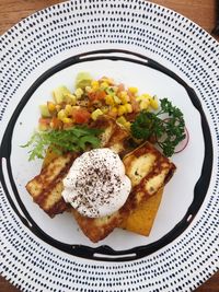 High angle view of breakfast served in plate