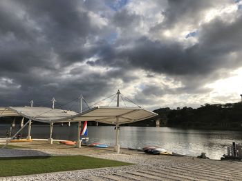 Scenic view of lake against cloudy sky