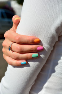 Close-up of woman hand with nails art