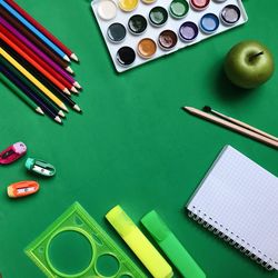 High angle view of colored pencils on table