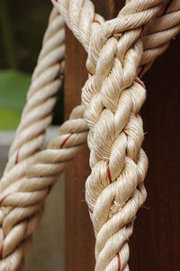 Close-up of rope tied to wooden post