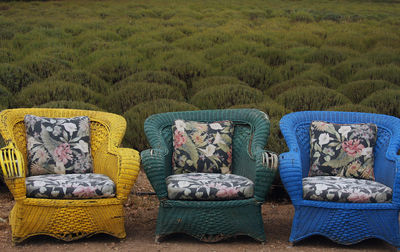 Close-up of multi colored field and chairs