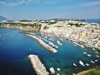 High angle view of town by sea