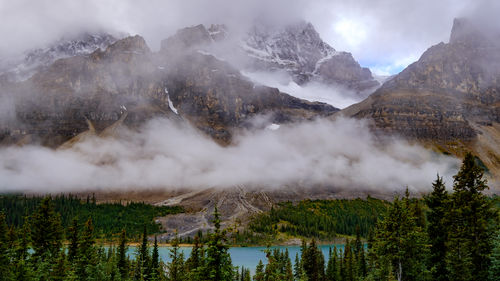 Panoramic view of lake and mountains against sky