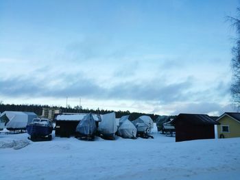 Snow covered landscape against sky