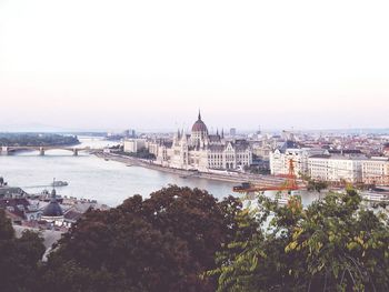 High angle view of city at riverbank