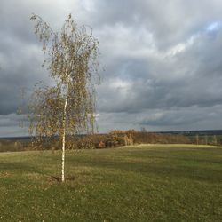 Scenic view of field against cloudy sky