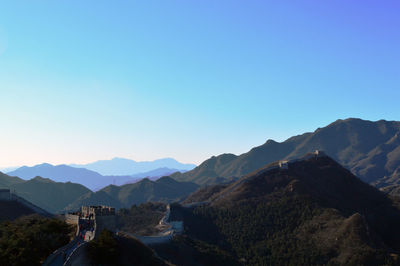 Scenic view of mountains against clear blue sky