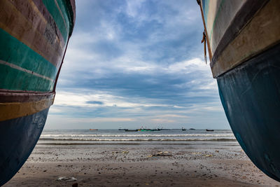 Beach vibes at morning near sea shore with many fishing boats