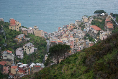 High angle view of houses on coast