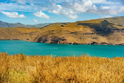 Scenic view of lake and mountains against sky