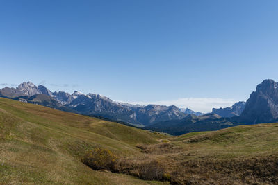 Scenic view of mountains against clear blue sky