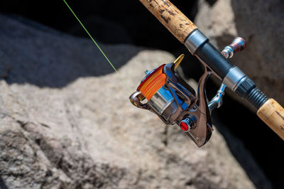 High angle view of ropes on rock