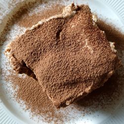 High angle view of chocolate cake in plate