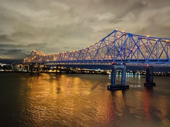 Illuminated bridge over river against sky at dusk