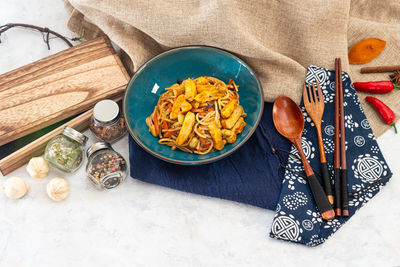 High angle view of food on table