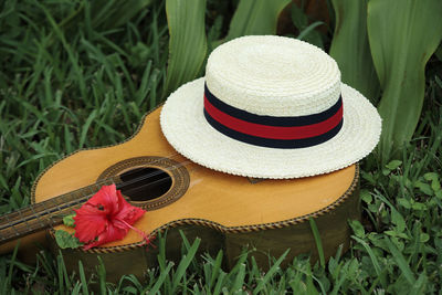 High angle view of hat on field