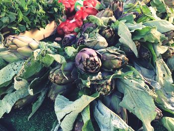High angle view of vegetables in market
