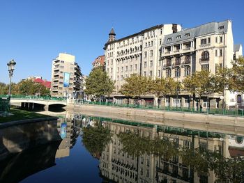 Reflection of buildings in city against clear sky