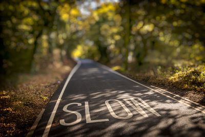 Close-up of road sign against trees