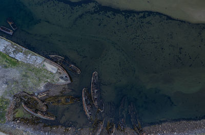 High angle view of abandoned boat on the beach