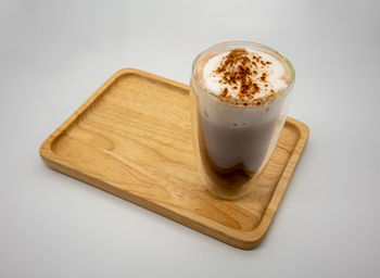 High angle view of coffee cup on table