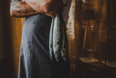 Midsection of chef holding mackerels