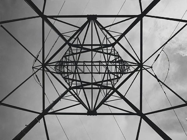 low angle view, pattern, built structure, sky, full frame, backgrounds, architecture, ceiling, directly below, geometric shape, design, day, metal, no people, modern, indoors, grid, connection, power line