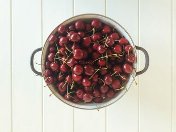 Directly above shot of strawberries in bowl on table