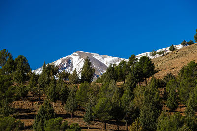 Scenic view of mountains against clear blue sky