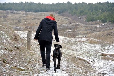 Rear view of man with dog walking on snow covered landscape
